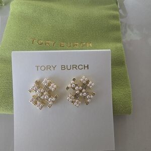 Tory Burch Gold and White Stud Earrings